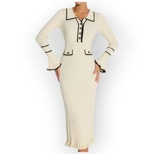 Commense Contrast Trim Ribbed Knit Button Maxi Dress Cream Black - Parisian Chic